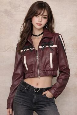 NWT Project Rebel Burgundy Faux Leather Bow Jacket Size L Cropped Moto